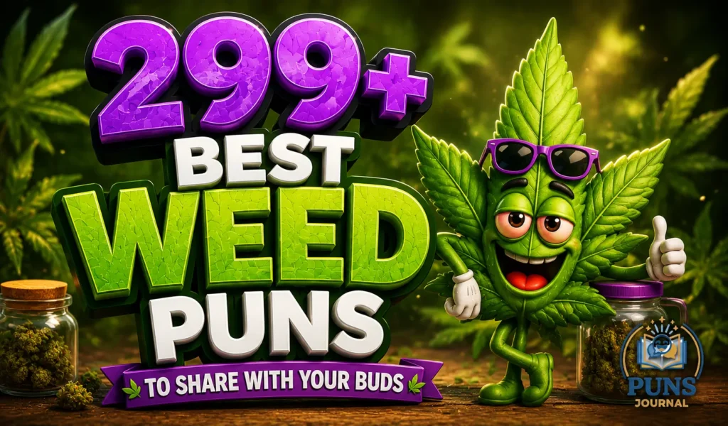 299+ weed puns with a funny cartoon cannabis leaf mascot