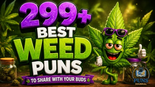 299+ weed puns with a funny cartoon cannabis leaf mascot