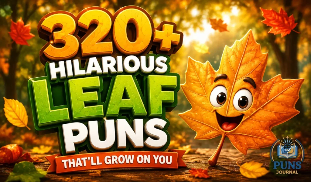 320+ leaf puns with a cheerful cartoon maple leaf in a colorful autumn forest