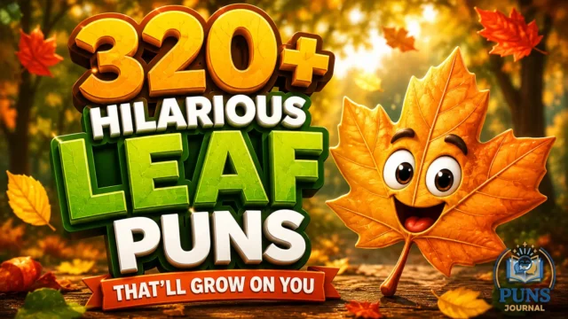 320+ leaf puns with a cheerful cartoon maple leaf in a colorful autumn forest