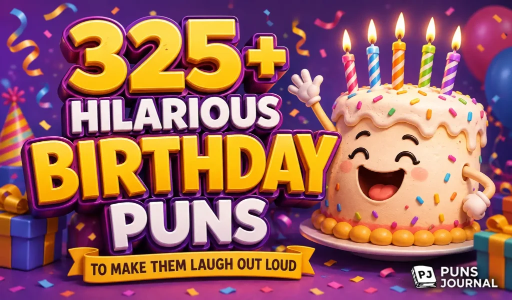 25+ birthday puns with a cheerful birthday cake mascot TITLE: 325+ Hilarious Birthday Puns Thumbnail
