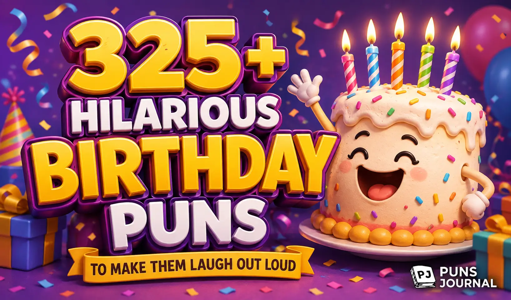 25+ birthday puns with a cheerful birthday cake mascot TITLE: 325+ Hilarious Birthday Puns Thumbnail