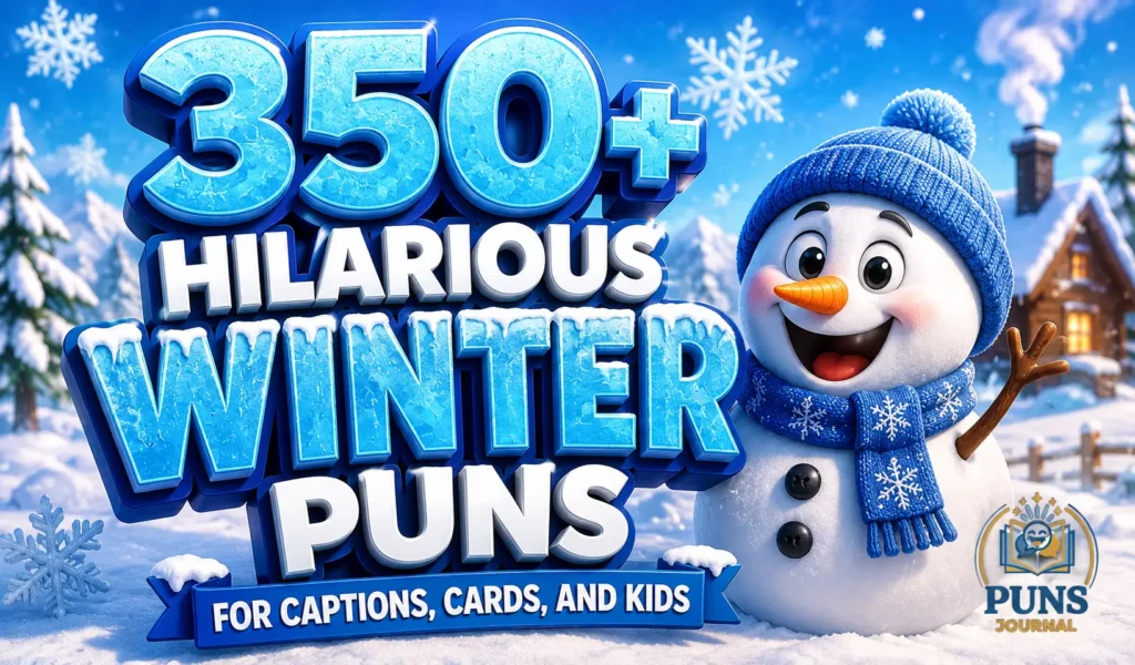 350+ winter puns with a cheerful snowman in a snowy mountain scene