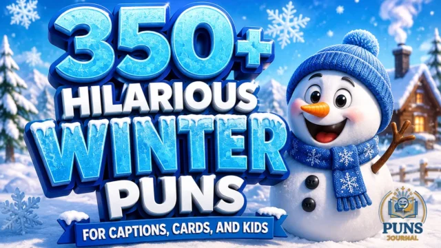 350+ winter puns with a cheerful snowman in a snowy mountain scene