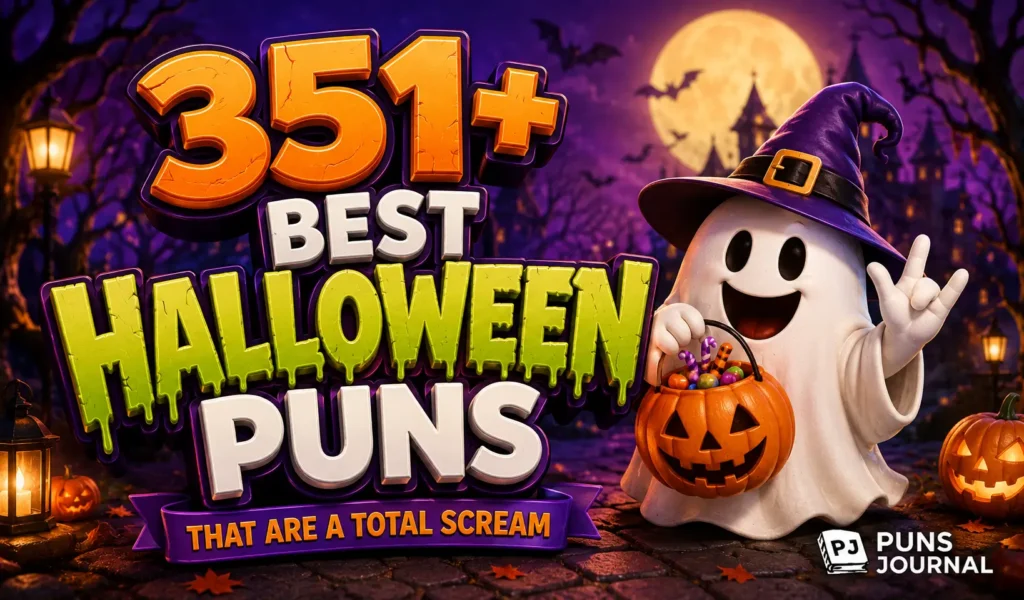 351+ Halloween puns with a spooky ghost mascot and haunted night background