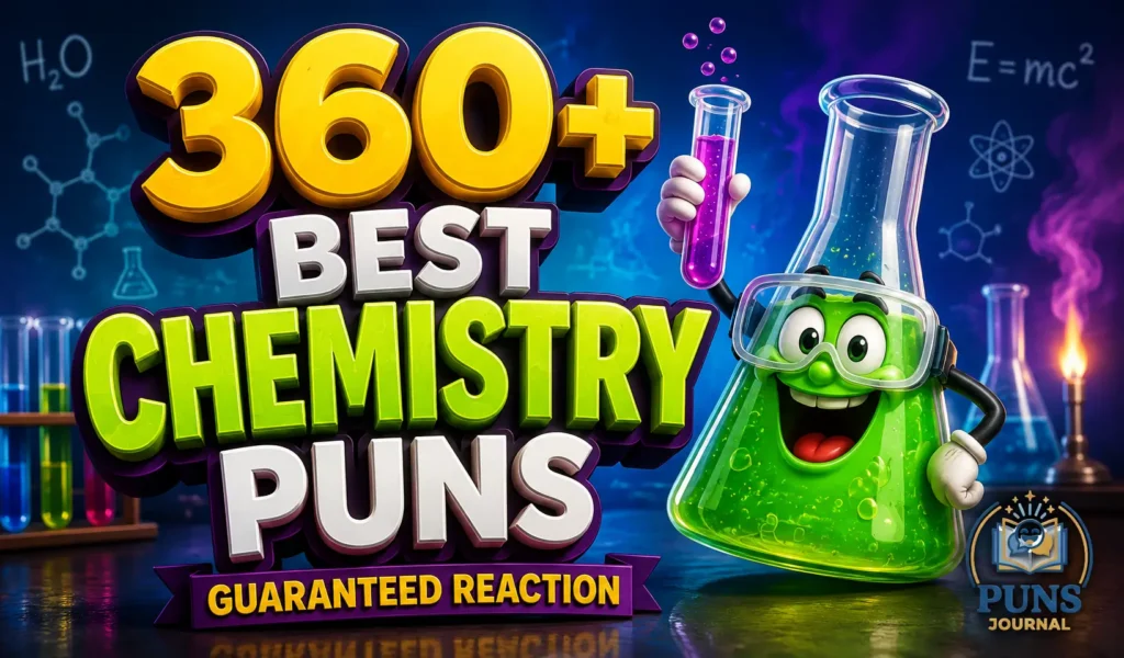 360+ chemistry puns with a fun cartoon flask mascot in a colorful science lab