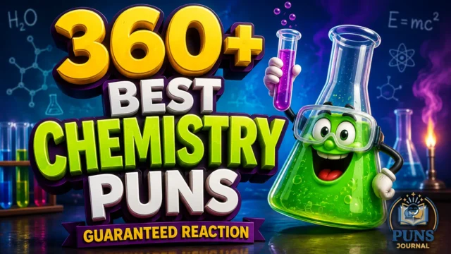 360+ chemistry puns with a fun cartoon flask mascot in a colorful science lab