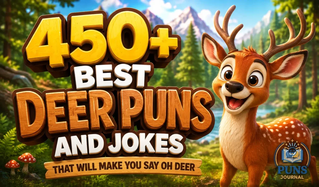 450+ deer puns with a cheerful cartoon deer in a scenic forest