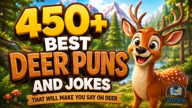 450+ deer puns with a cheerful cartoon deer in a scenic forest
