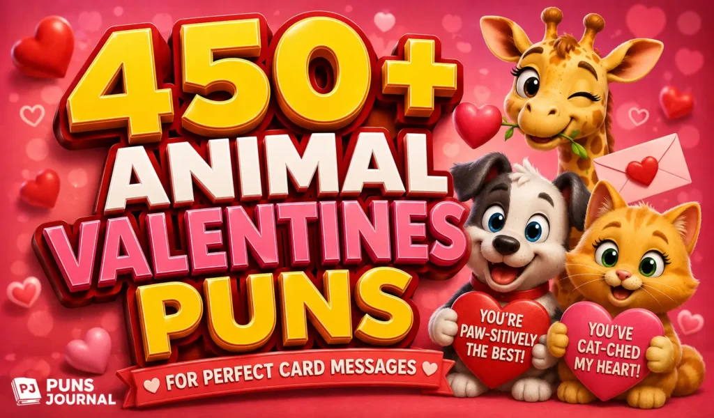 450+ animal valentines puns with cute cartoon animals and colorful Valentine hearts