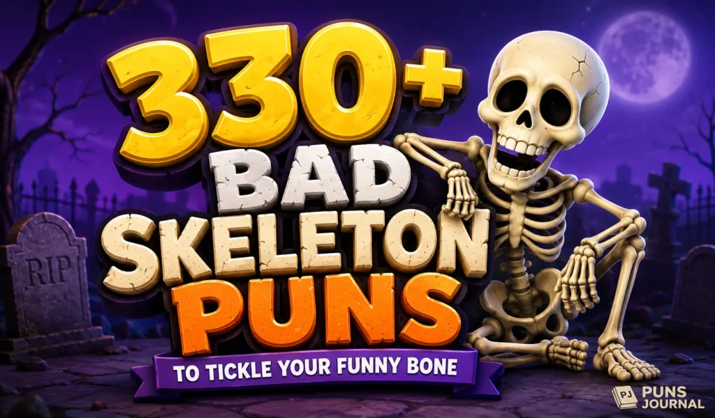 330+ bad skeleton puns thumbnail with a funny skeleton in a spooky graveyard