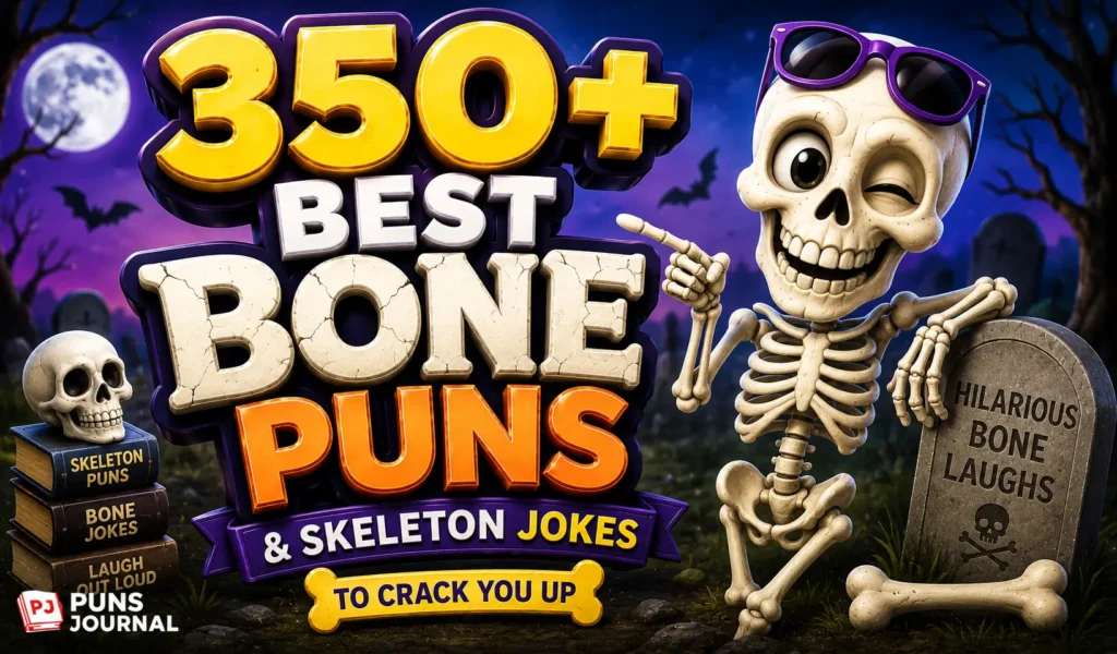 350+ bone puns and skeleton jokes thumbnail with a funny cartoon skeleton