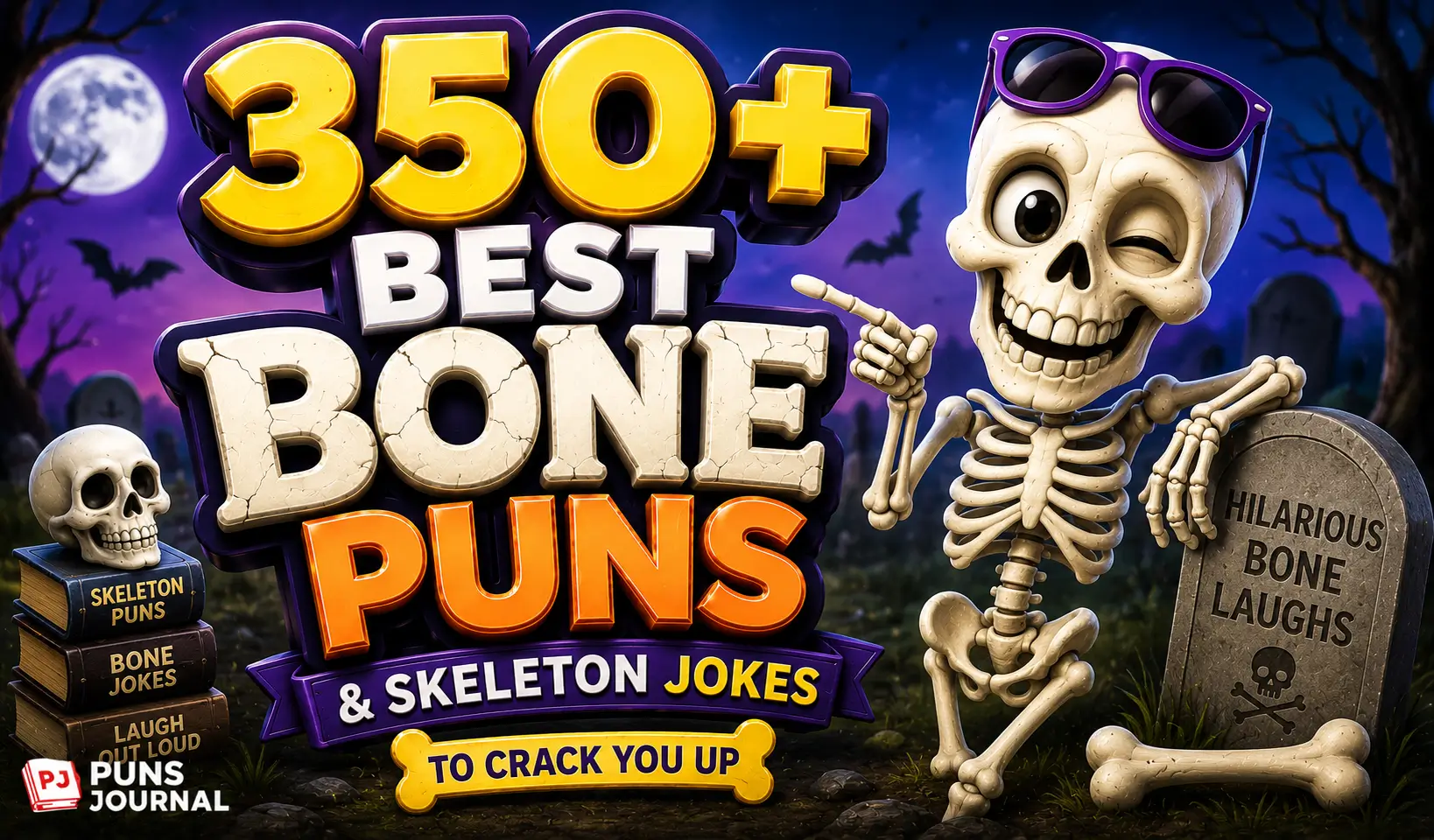 350+ bone puns and skeleton jokes thumbnail with a funny cartoon skeleton