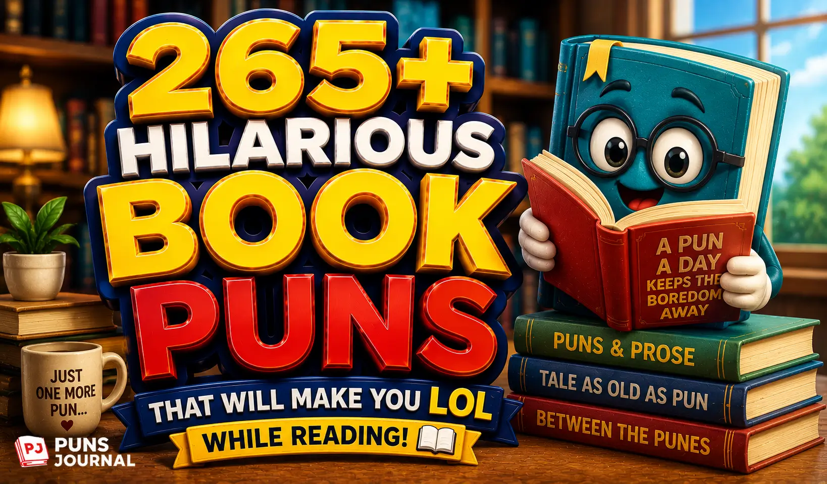 265+ book puns thumbnail with a colorful cartoon book character in a library