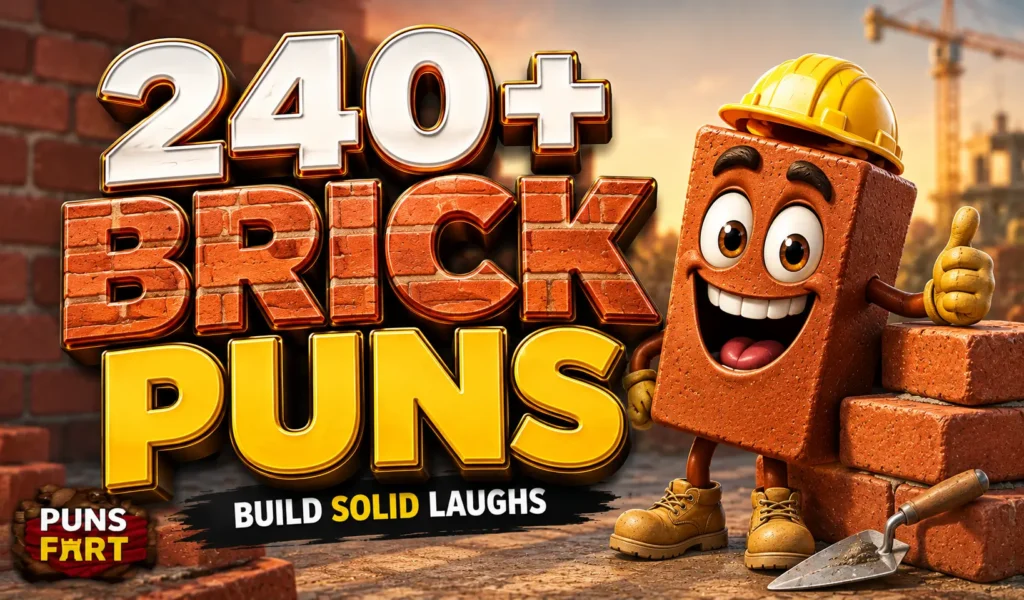 240+ brick puns thumbnail with a funny brick mascot and construction background