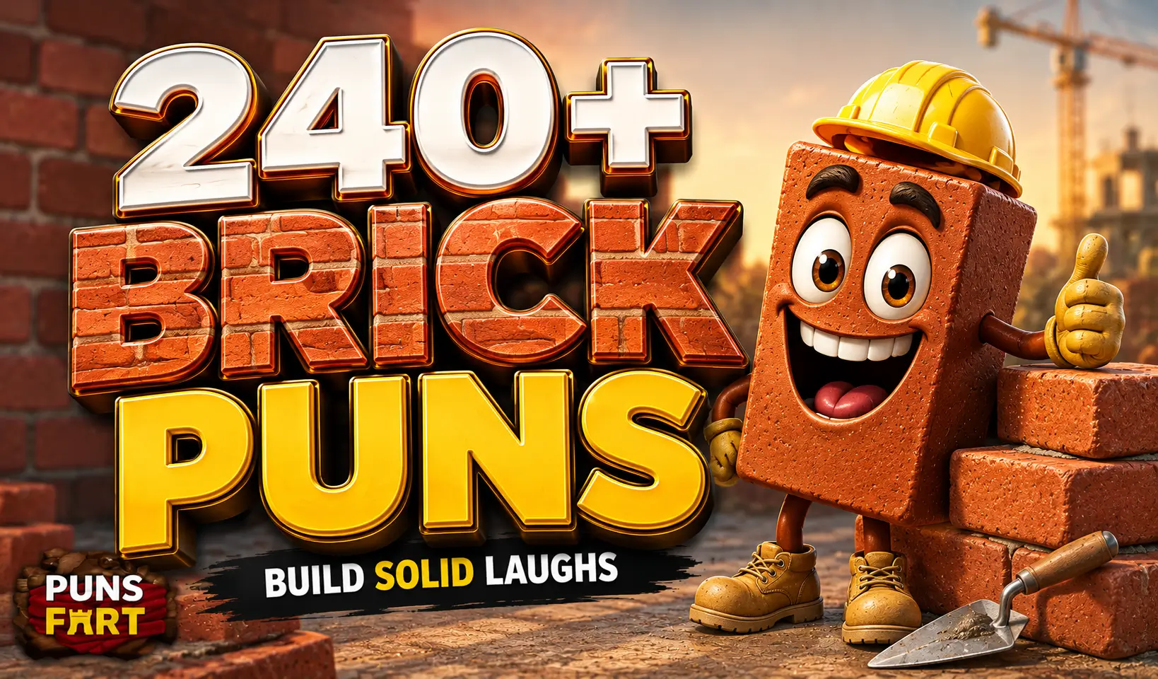 240+ brick puns thumbnail with a funny brick mascot and construction background