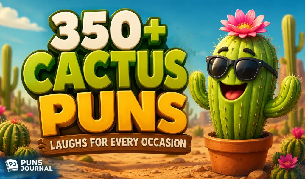 350+ cactus puns thumbnail with a cheerful cartoon cactus in a colorful desert
