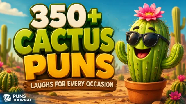 350+ cactus puns thumbnail with a cheerful cartoon cactus in a colorful desert