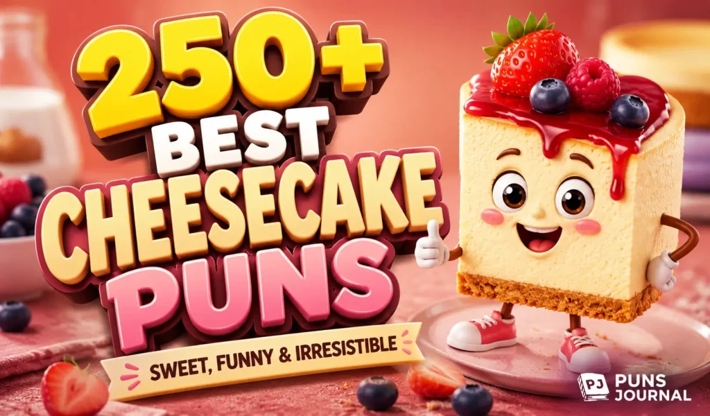 Cheesecake puns thumbnail with a cheerful cheesecake mascot and bold 3D typography