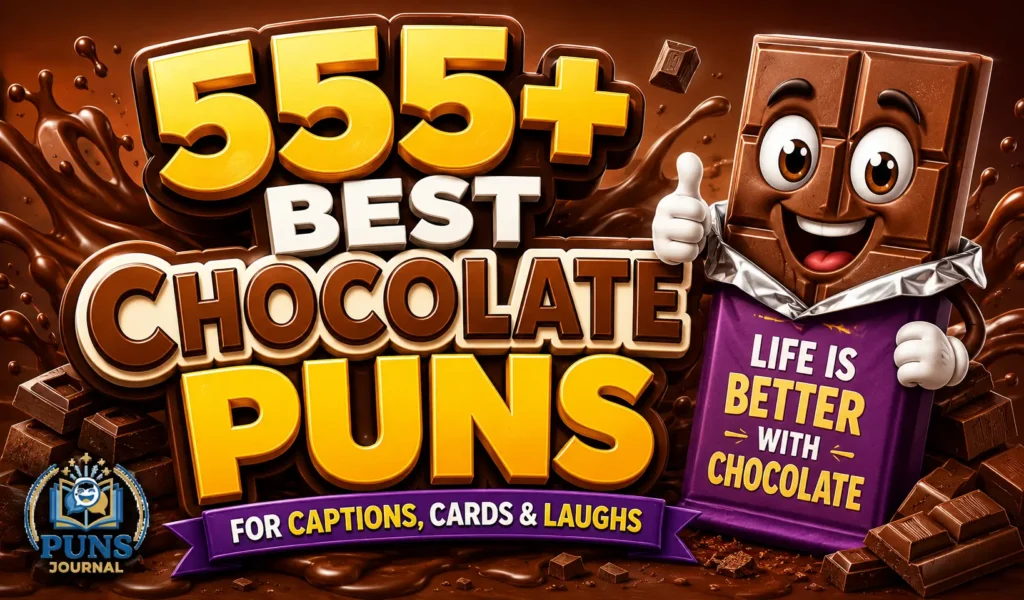 555+ chocolate puns thumbnail with a cheerful chocolate bar character