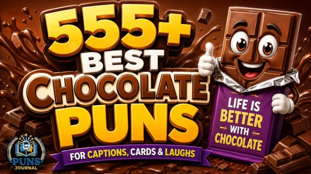 555+ chocolate puns thumbnail with a cheerful chocolate bar character
