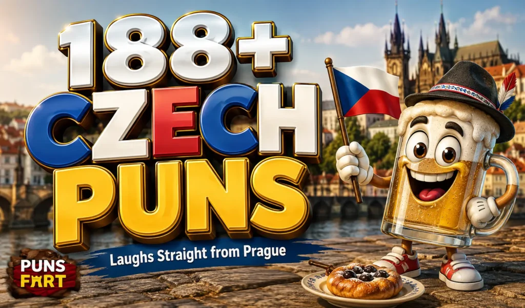 188+ Czech puns thumbnail with Prague skyline, Czech flag, and funny beer mascot
