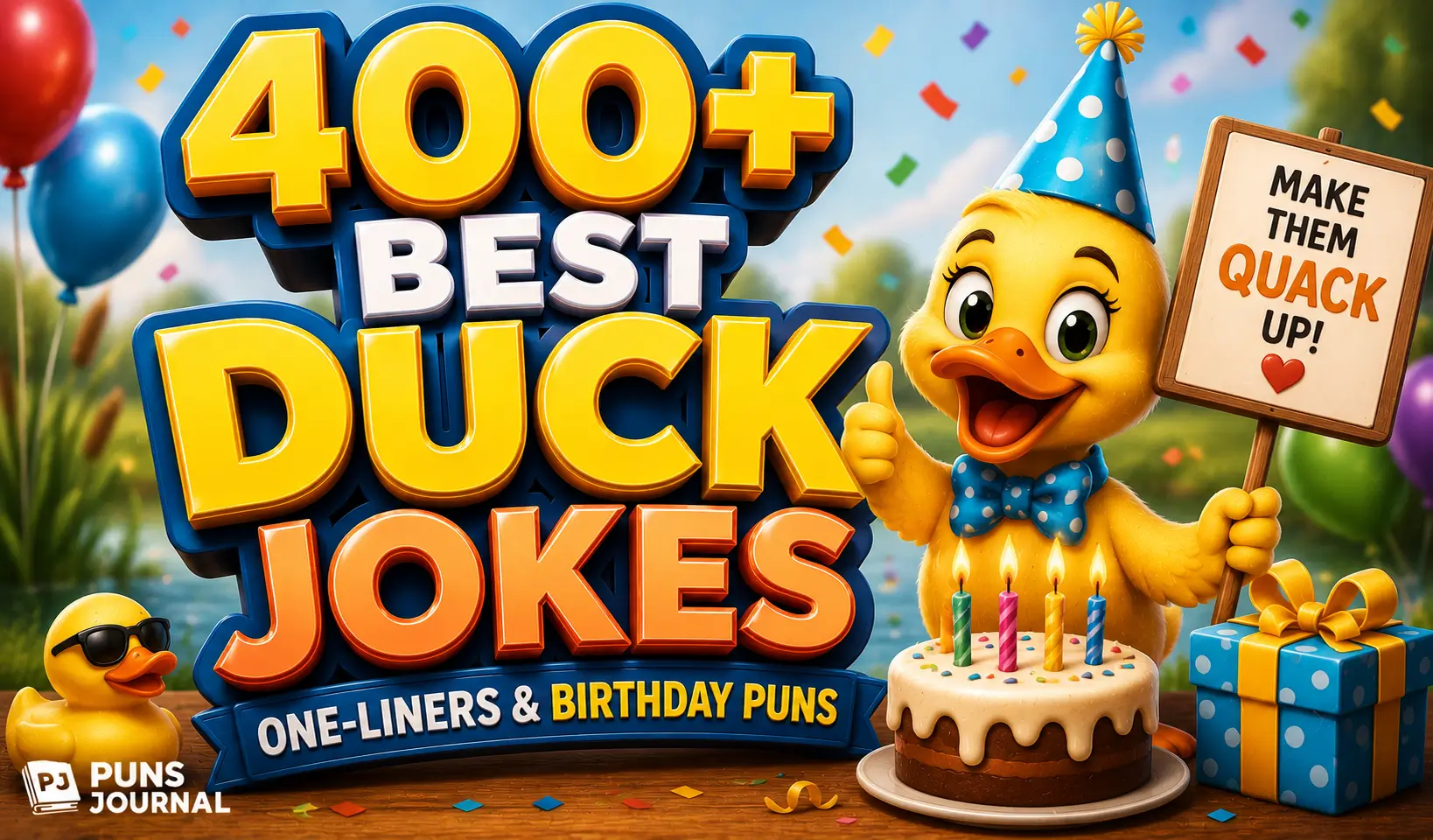 400+ duck birthday puns thumbnail with a cheerful party duck, cake, gifts, and balloons