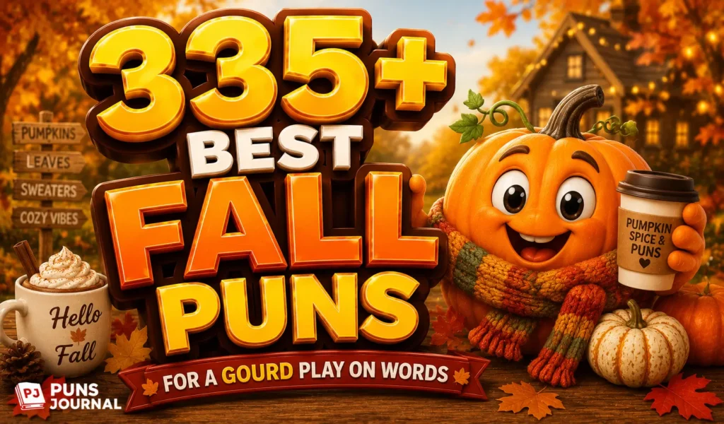 Fall puns thumbnail with colorful autumn leaves and a cheerful pumpkin