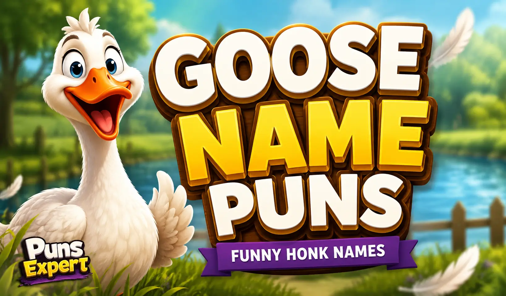 Cartoon goose with bold 3D "Goose Name Puns" text and Puns Journal logo for the goose name puns article.