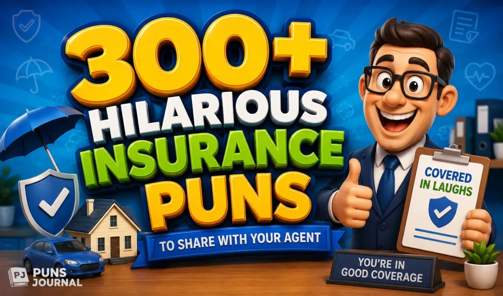 300+ insurance puns thumbnail with a cheerful insurance agent and coverage icons