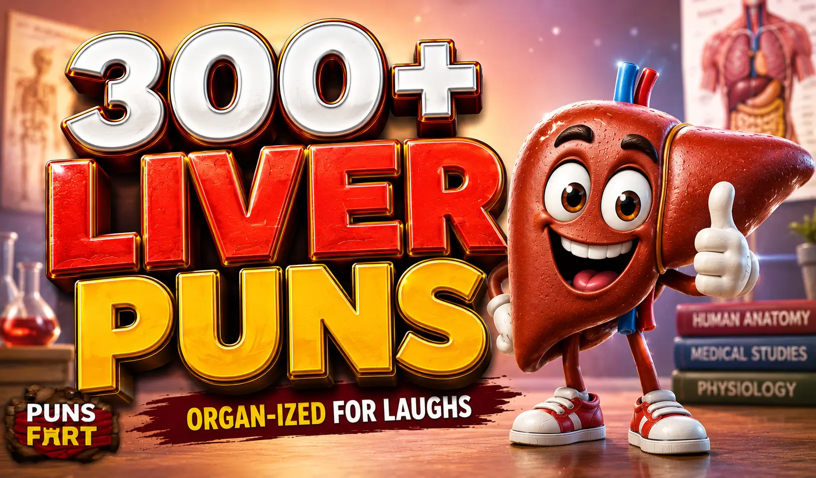 300+ liver puns thumbnail with a funny liver mascot and medical background