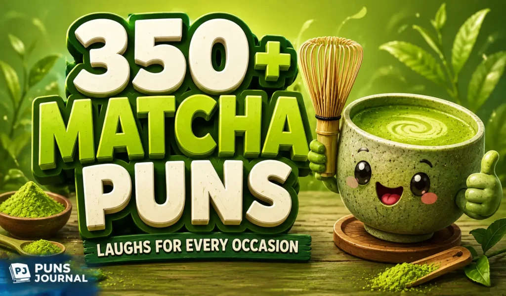 350+ matcha puns thumbnail with a cheerful matcha cup and bold green lettering