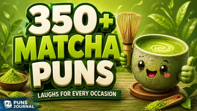 350+ matcha puns thumbnail with a cheerful matcha cup and bold green lettering