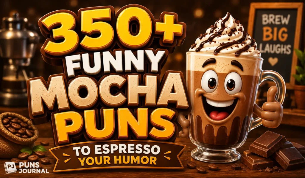 350+ mocha puns thumbnail with a cheerful cartoon mocha and coffee beans