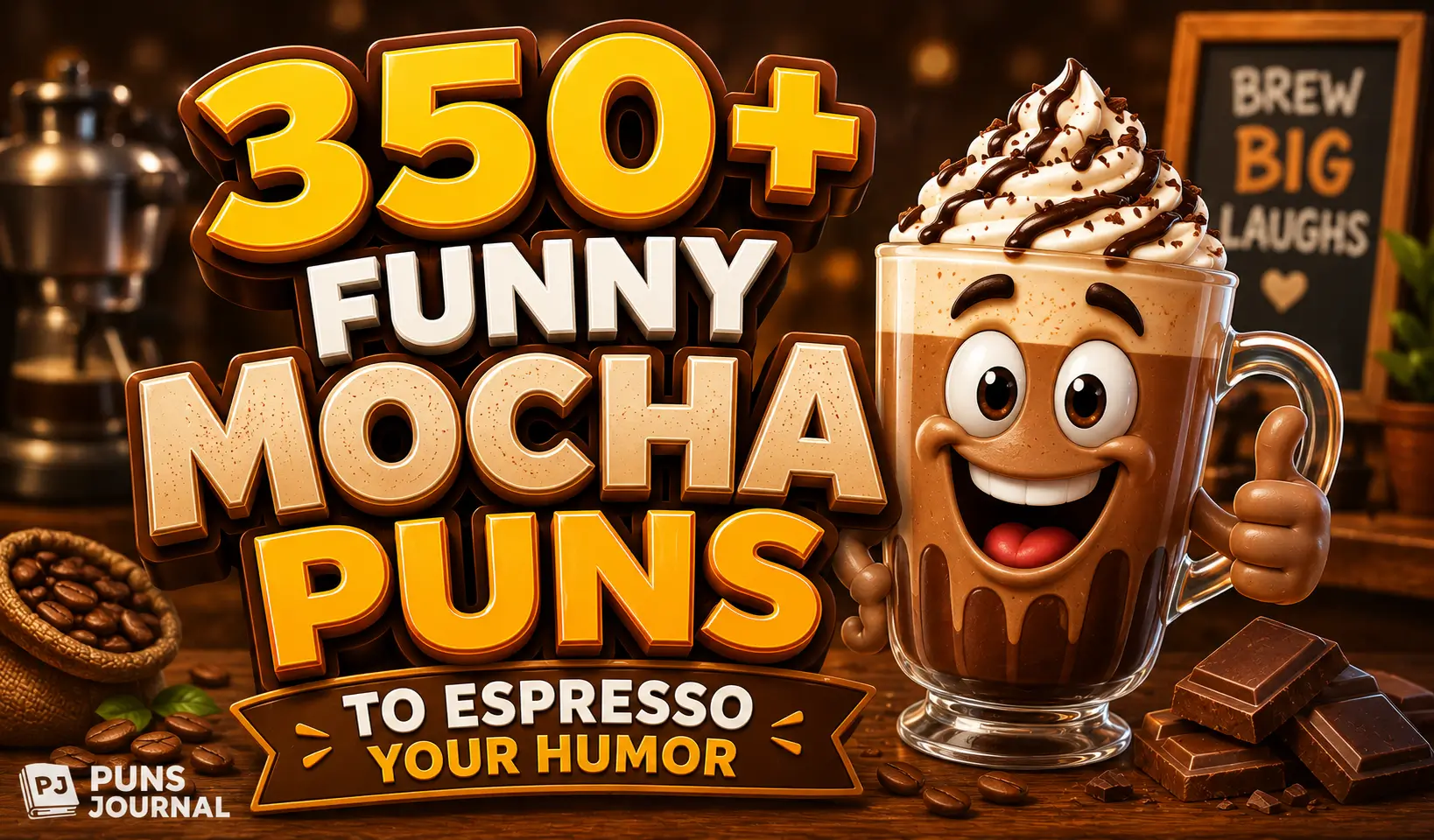 350+ mocha puns thumbnail with a cheerful cartoon mocha and coffee beans