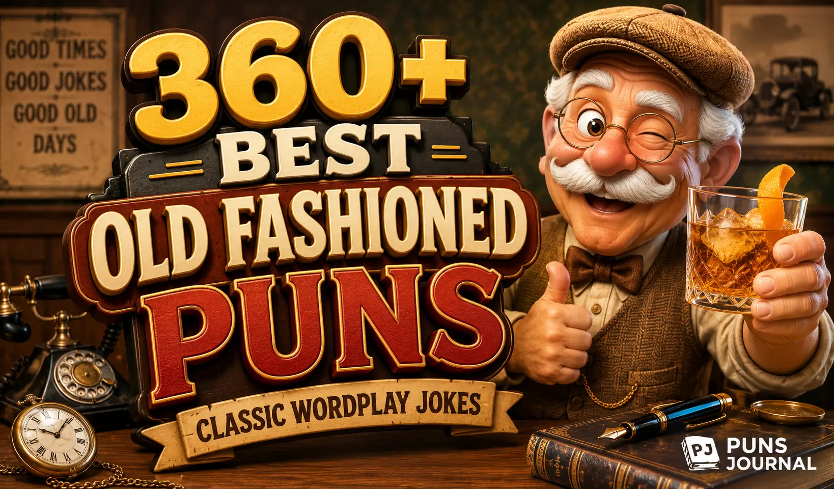 Old fashioned puns thumbnail with a vintage character and bold 3D typography.