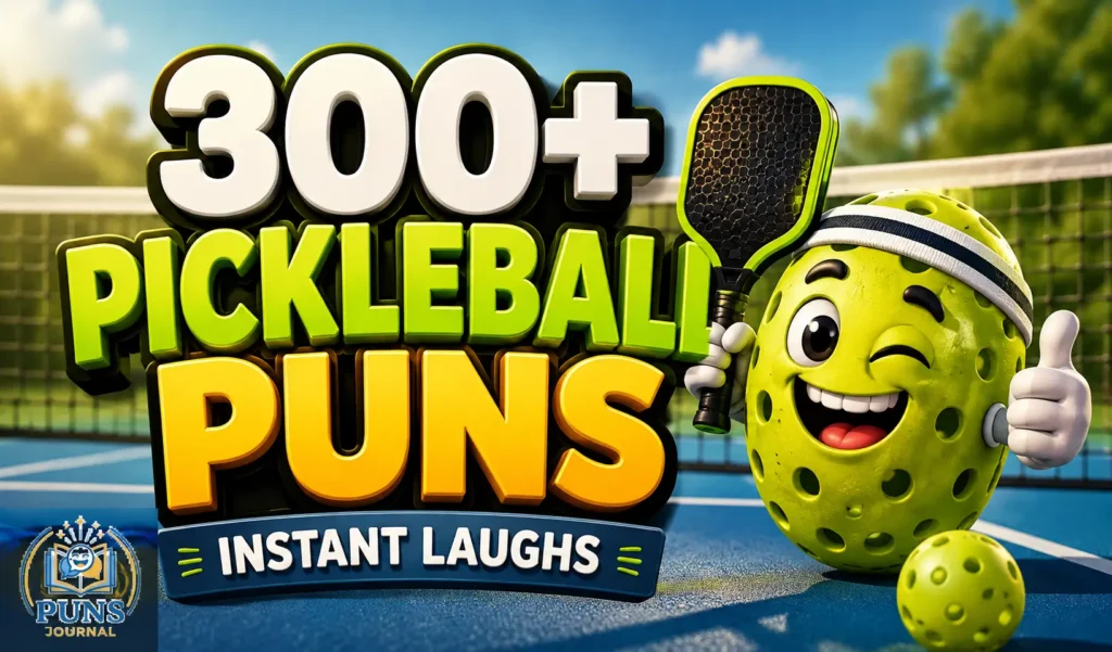 300+ pickleball puns thumbnail with a cheerful pickleball mascot on a court