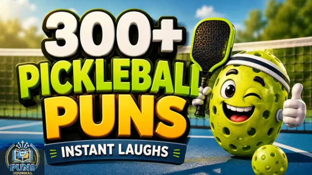 300+ pickleball puns thumbnail with a cheerful pickleball mascot on a court