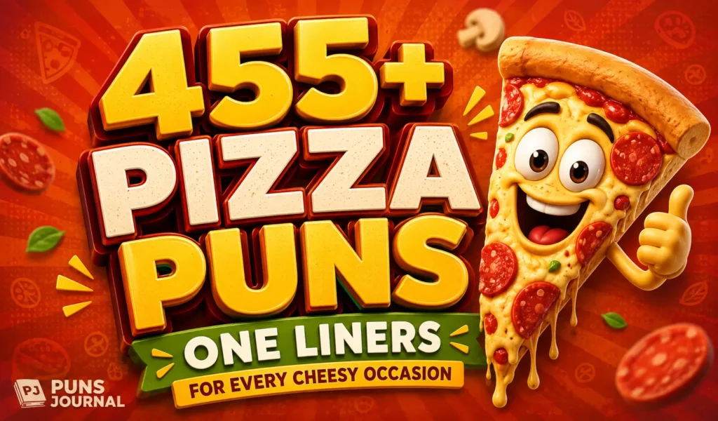 455+ pizza puns one liners thumbnail with a funny cartoon pizza slice