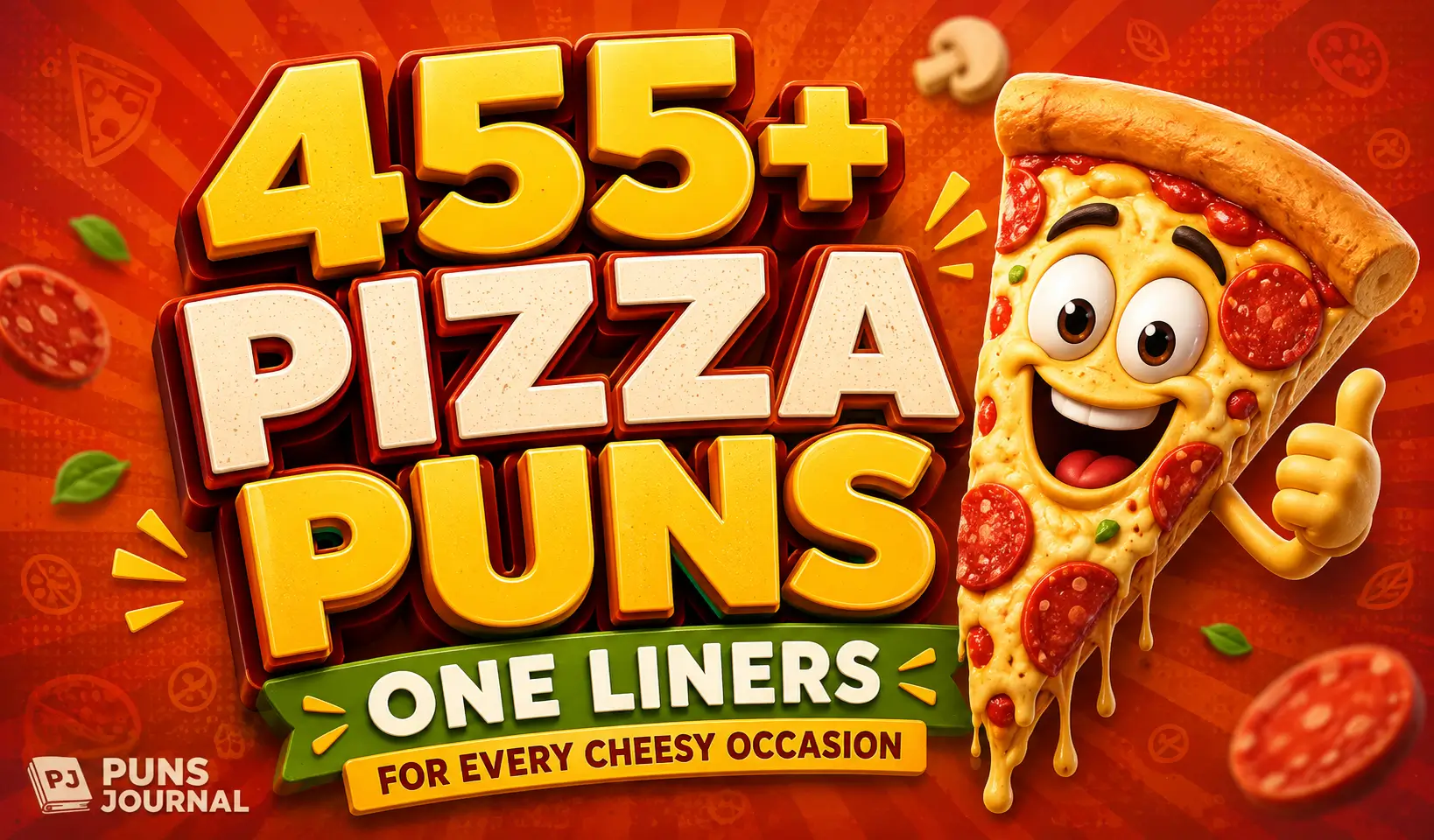 455+ pizza puns one liners thumbnail with a funny cartoon pizza slice
