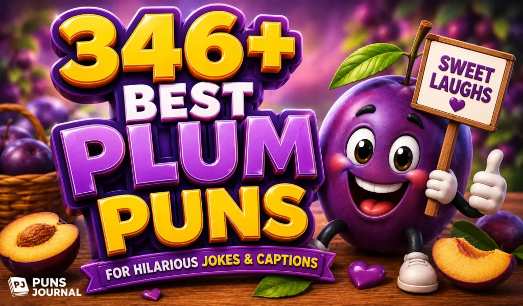 346+ plum puns thumbnail with a cheerful cartoon plum and colorful fruit-themed background