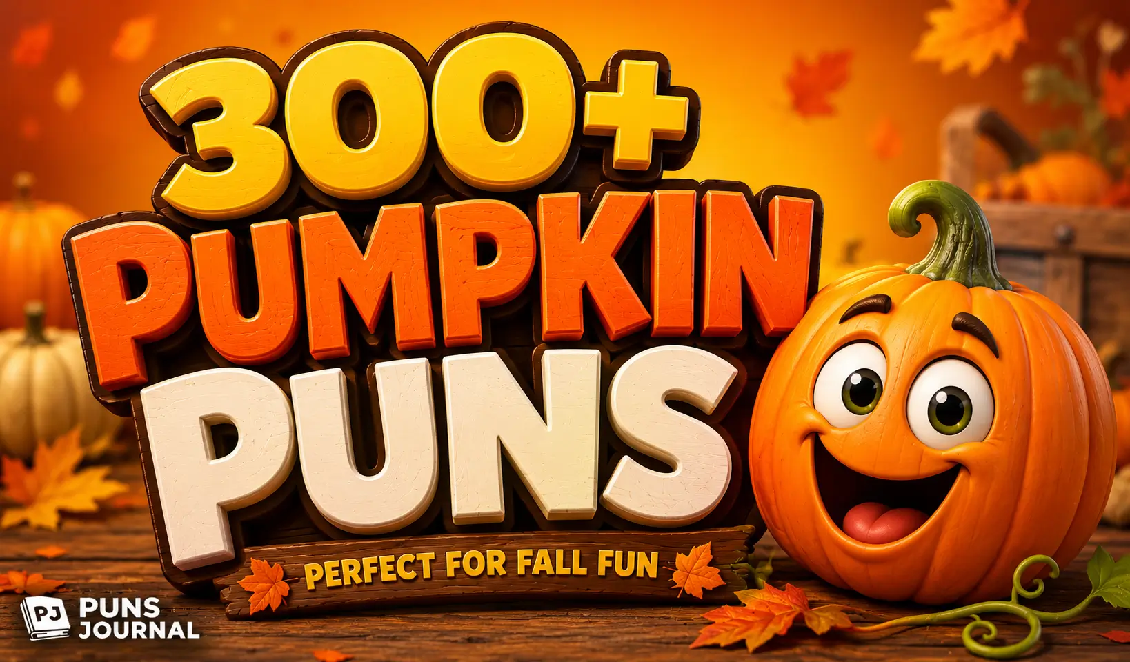 300+ pumpkin puns thumbnail with a cheerful cartoon pumpkin and bold 3D lettering