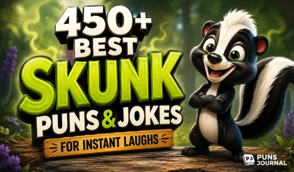 Skunk puns thumbnail featuring a cheerful cartoon skunk and bold 3D typography.