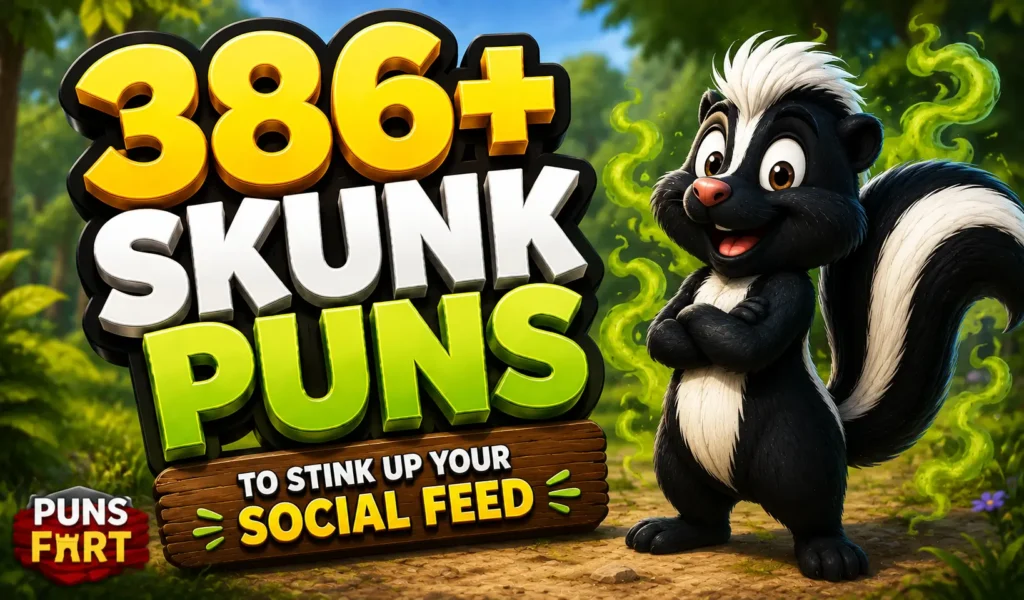 386+ skunk puns thumbnail with a funny cartoon skunk in a forest