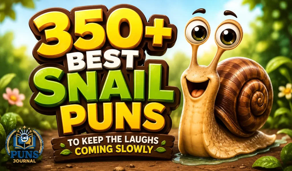 350+ snail puns thumbnail with a cheerful cartoon snail in a colorful garden