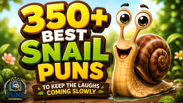 350+ snail puns thumbnail with a cheerful cartoon snail in a colorful garden