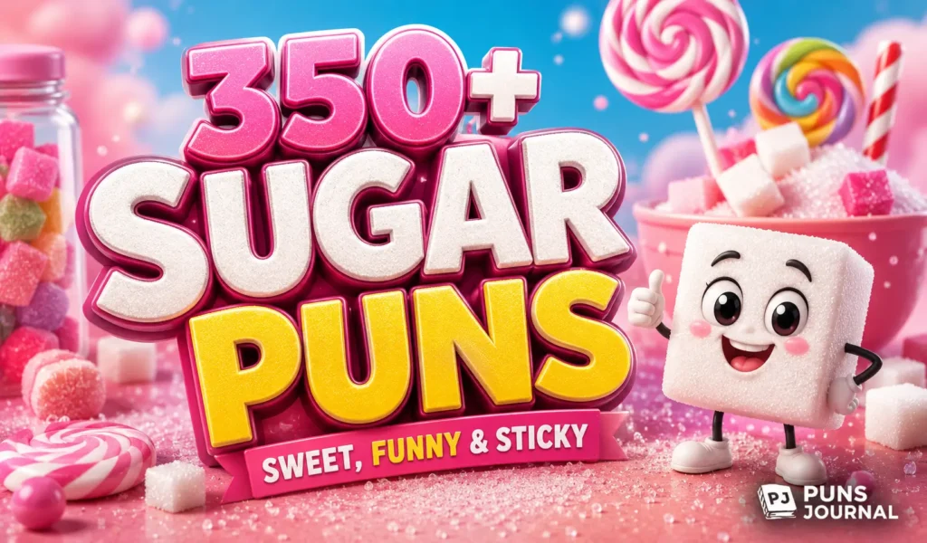 Sugar puns thumbnail with a cheerful sugar cube and colorful 3D candy typography.