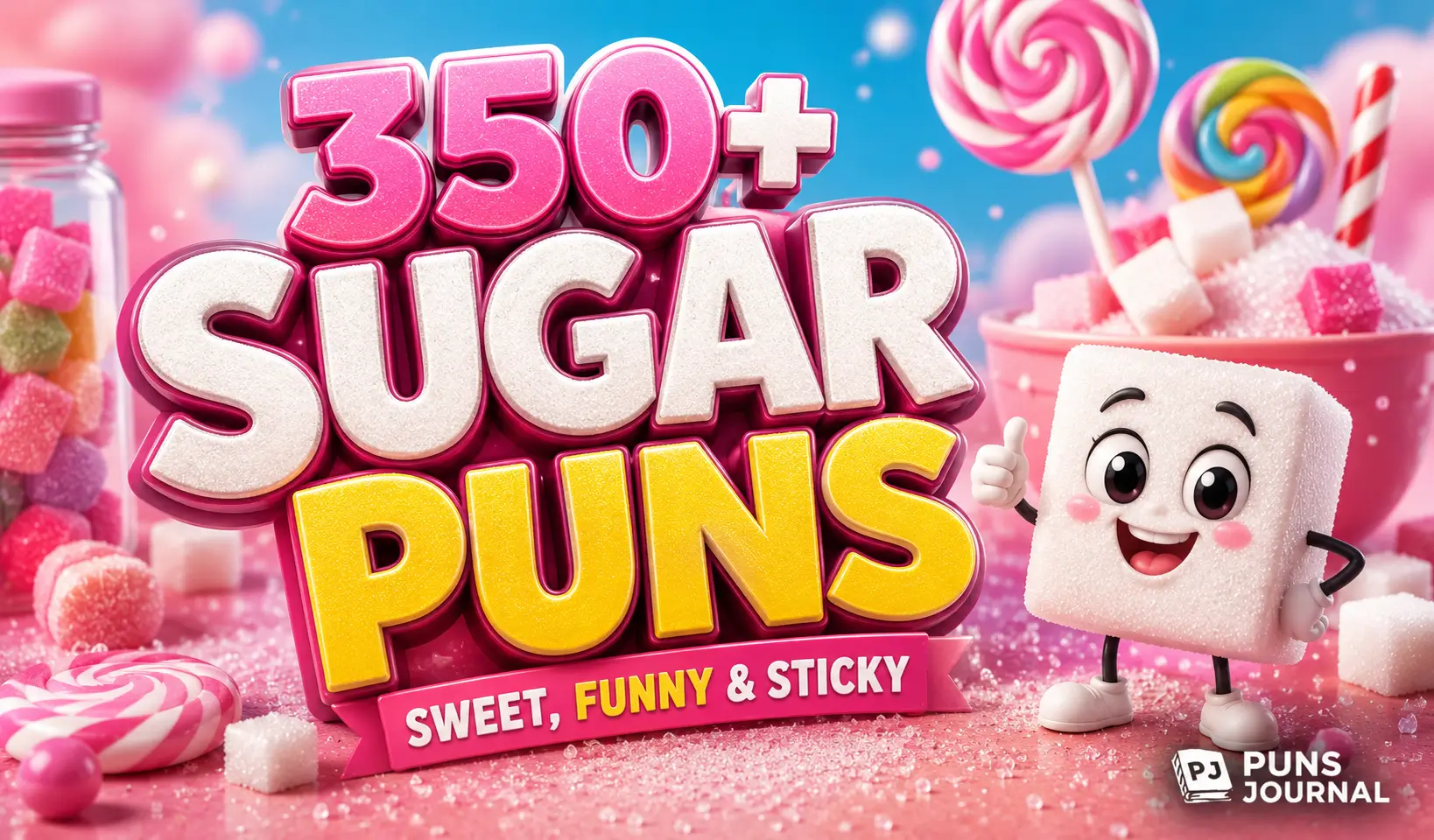 Sugar puns thumbnail with a cheerful sugar cube and colorful 3D candy typography.