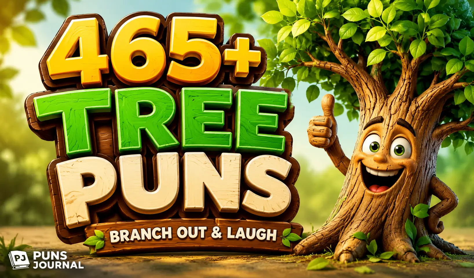 Tree puns thumbnail featuring 465+ tree puns and a cheerful cartoon tree
