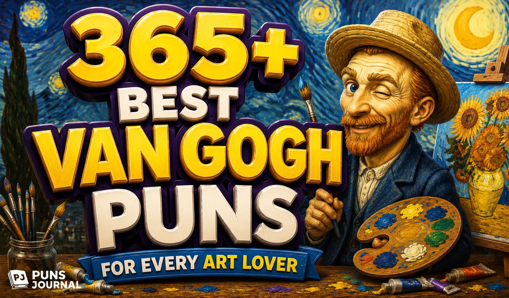 365+ Van Gogh puns thumbnail with a cartoon painter, sunflowers, and colorful art background